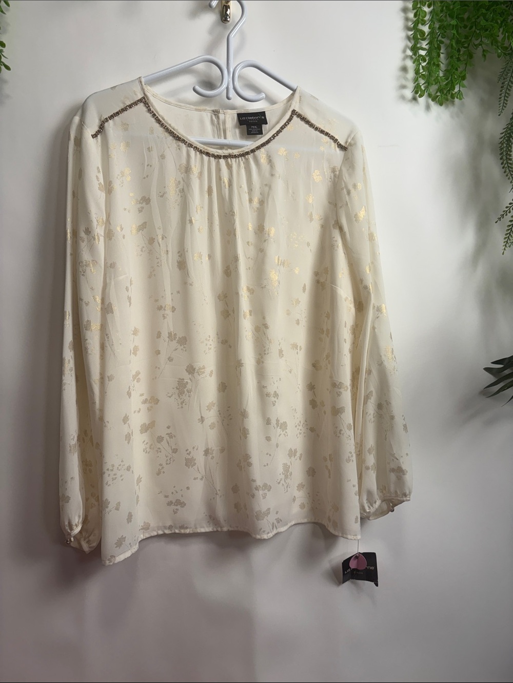 Liz Claiborne Ivory Blouse with Gold Floral Foil